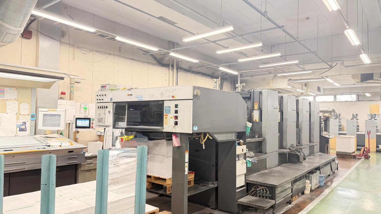 Four-colour Heidelberg offset press with pallets of paper and printed sheets on the press floor