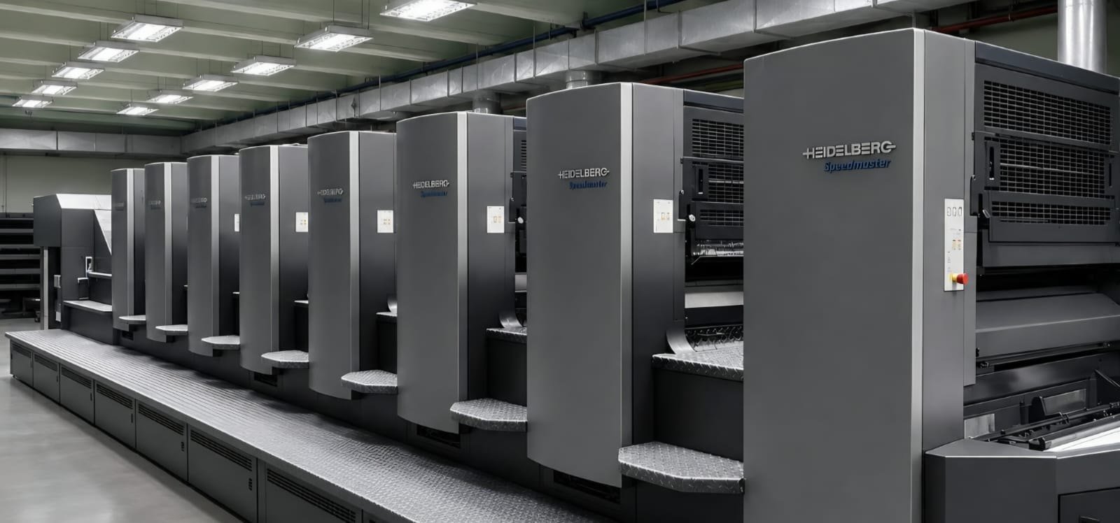 Row of Heidelberg Speedmaster printing units in a press hall