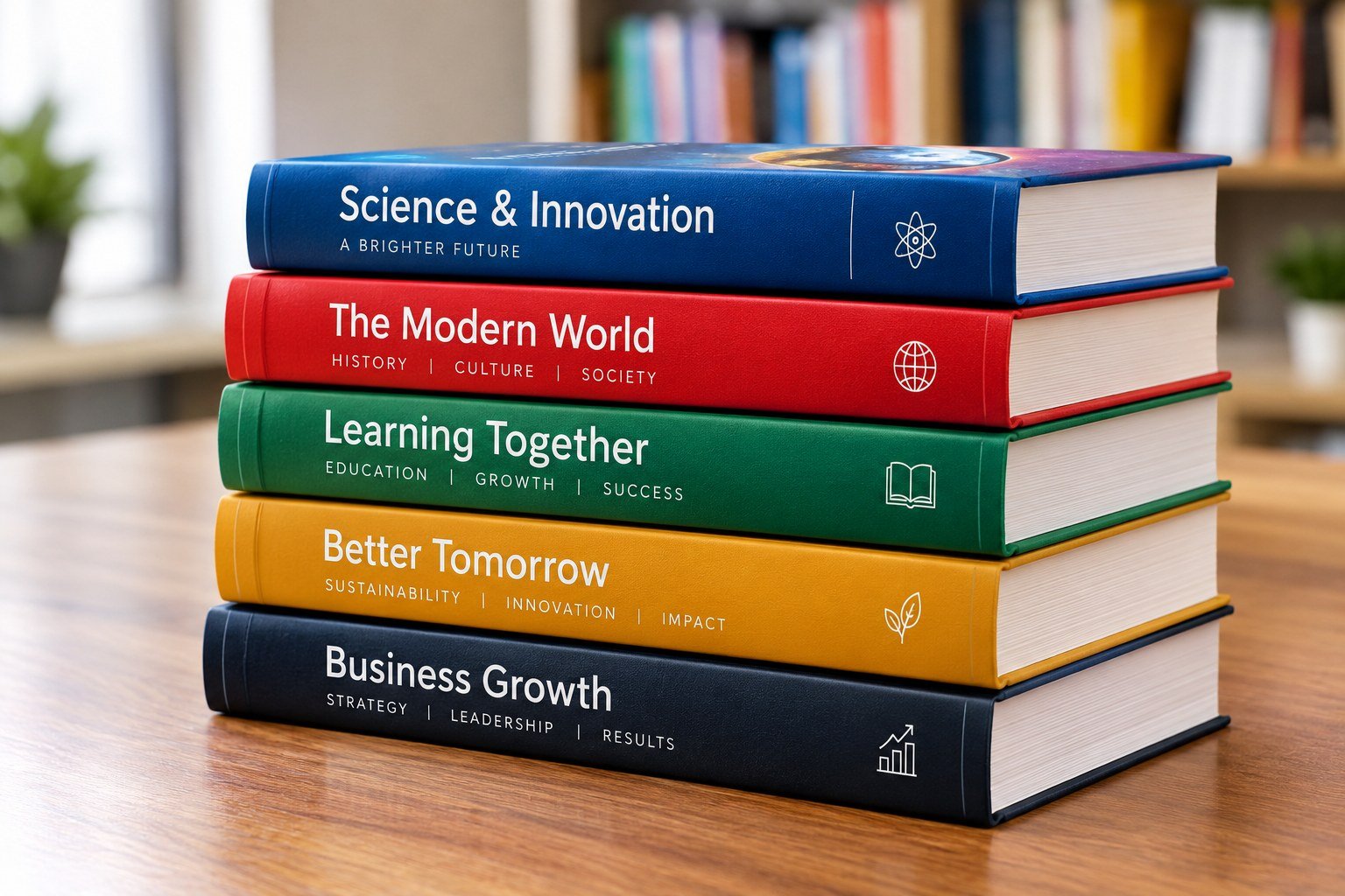 Hardbound books stacked on a table