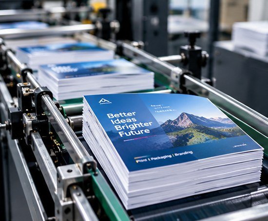 Printed booklets travelling along an automated conveyor