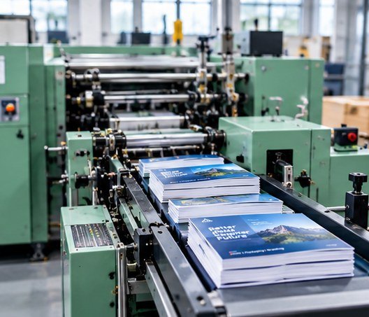 Green book-binding machine feeding booklets onto a conveyor