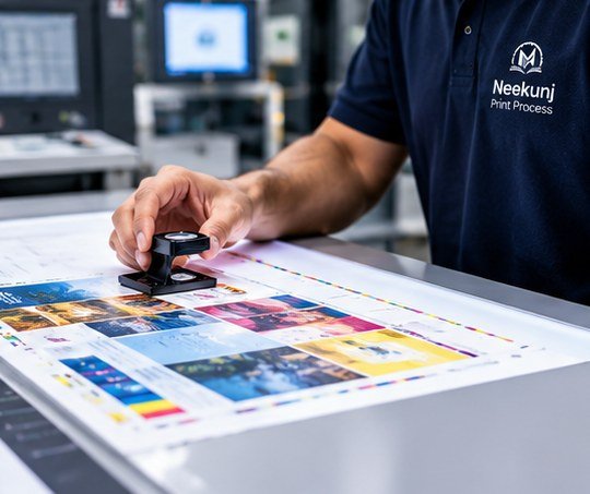 Operator inspecting printed work with a loupe