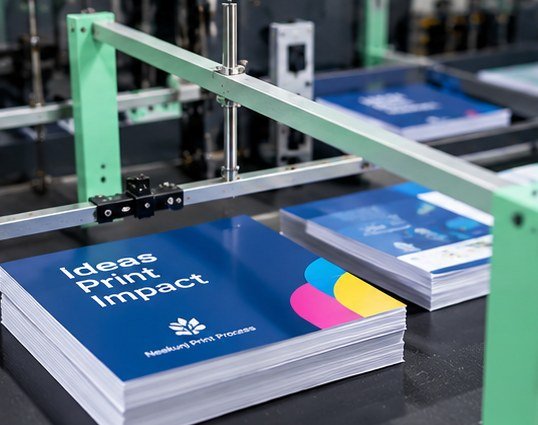 Stacks of printed booklets on a conveyor with guide rails