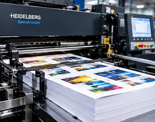 Press console beside a pallet of printed sheets