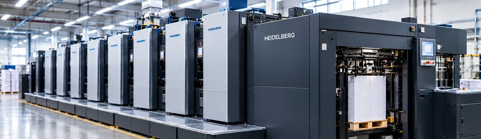 Line of offset printing units with a pallet of paper at the feeder