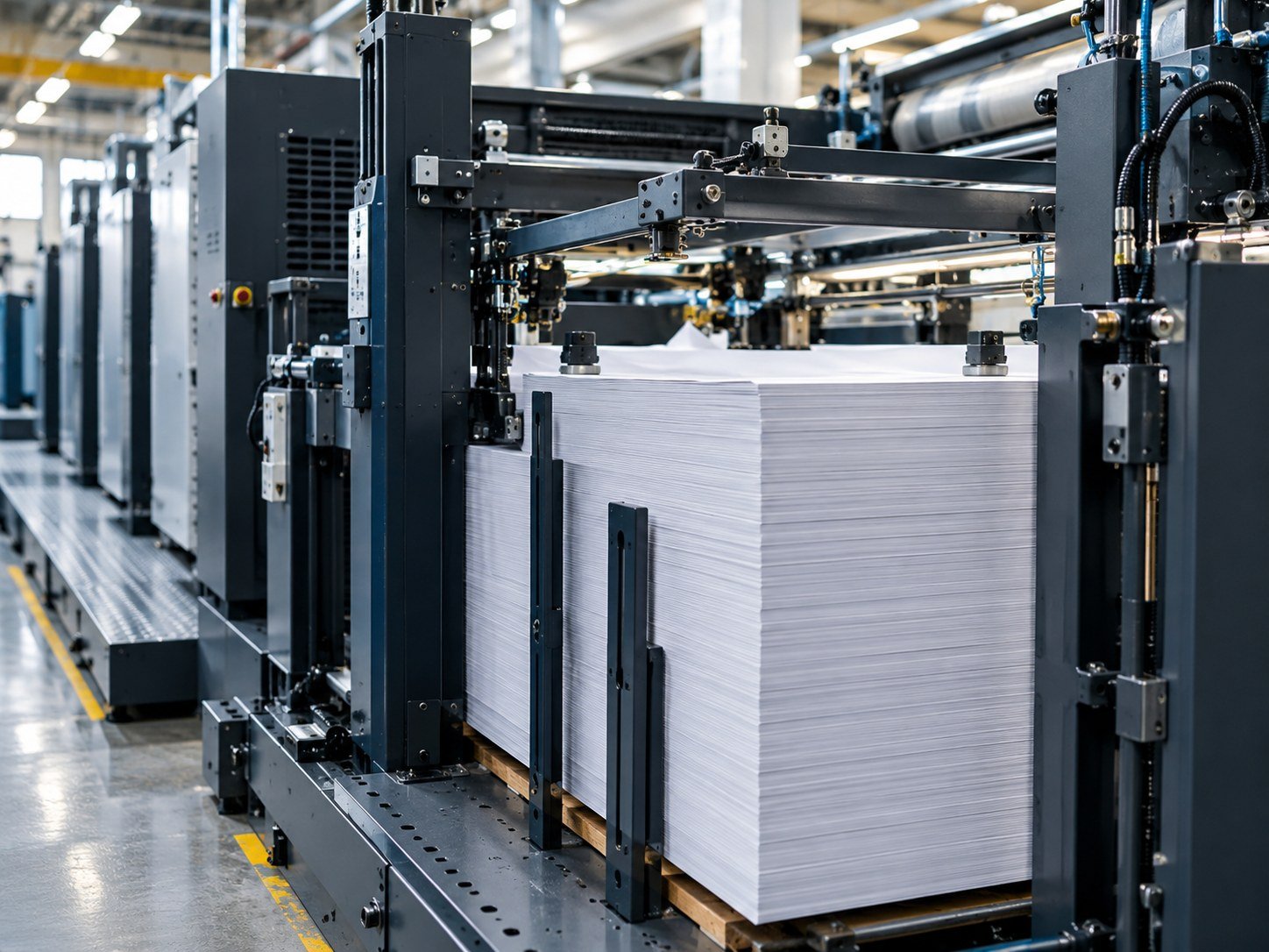 Tall stack of paper loaded at a press feeder