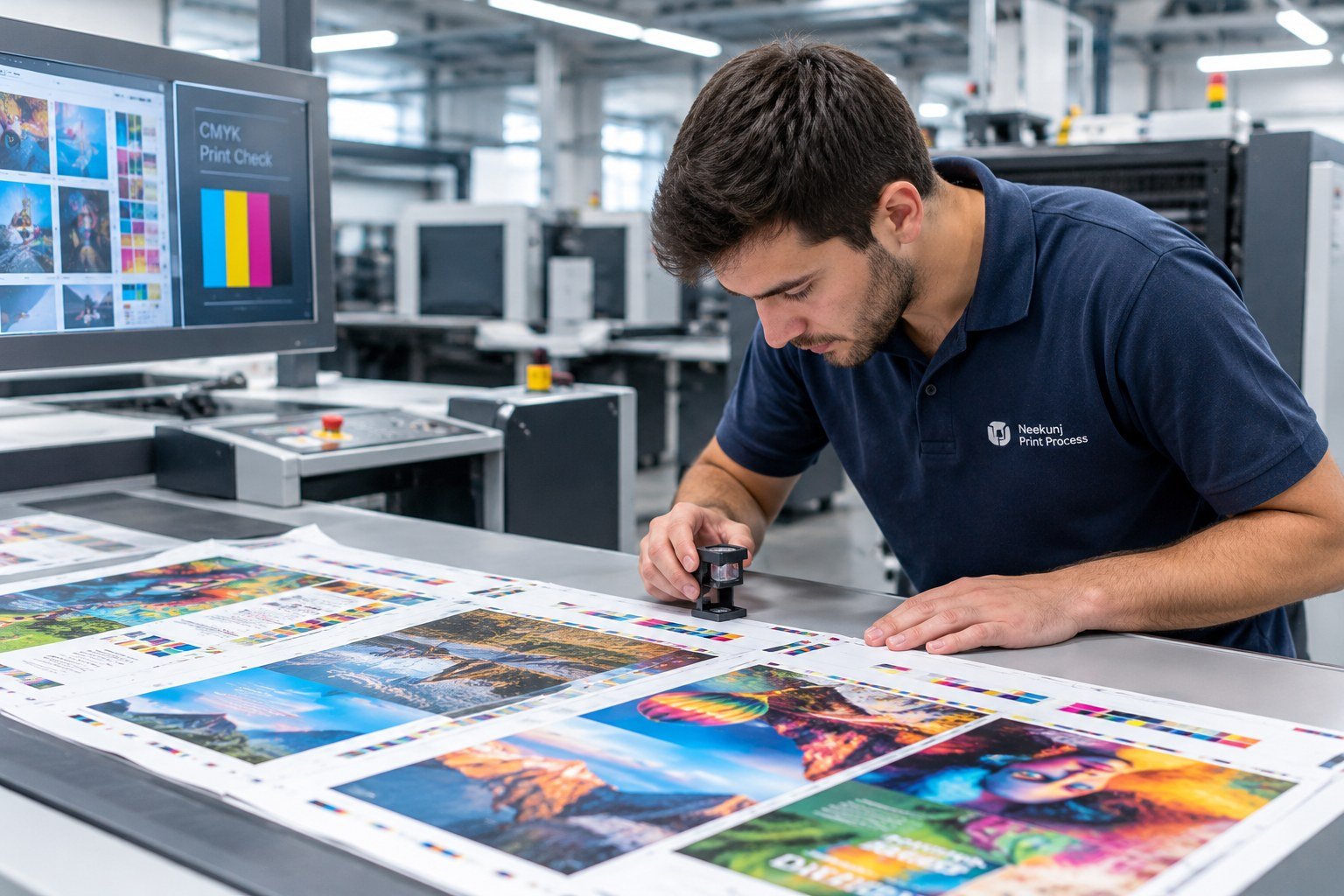 Operator checking a printed colour proof beside a CMYK monitor
