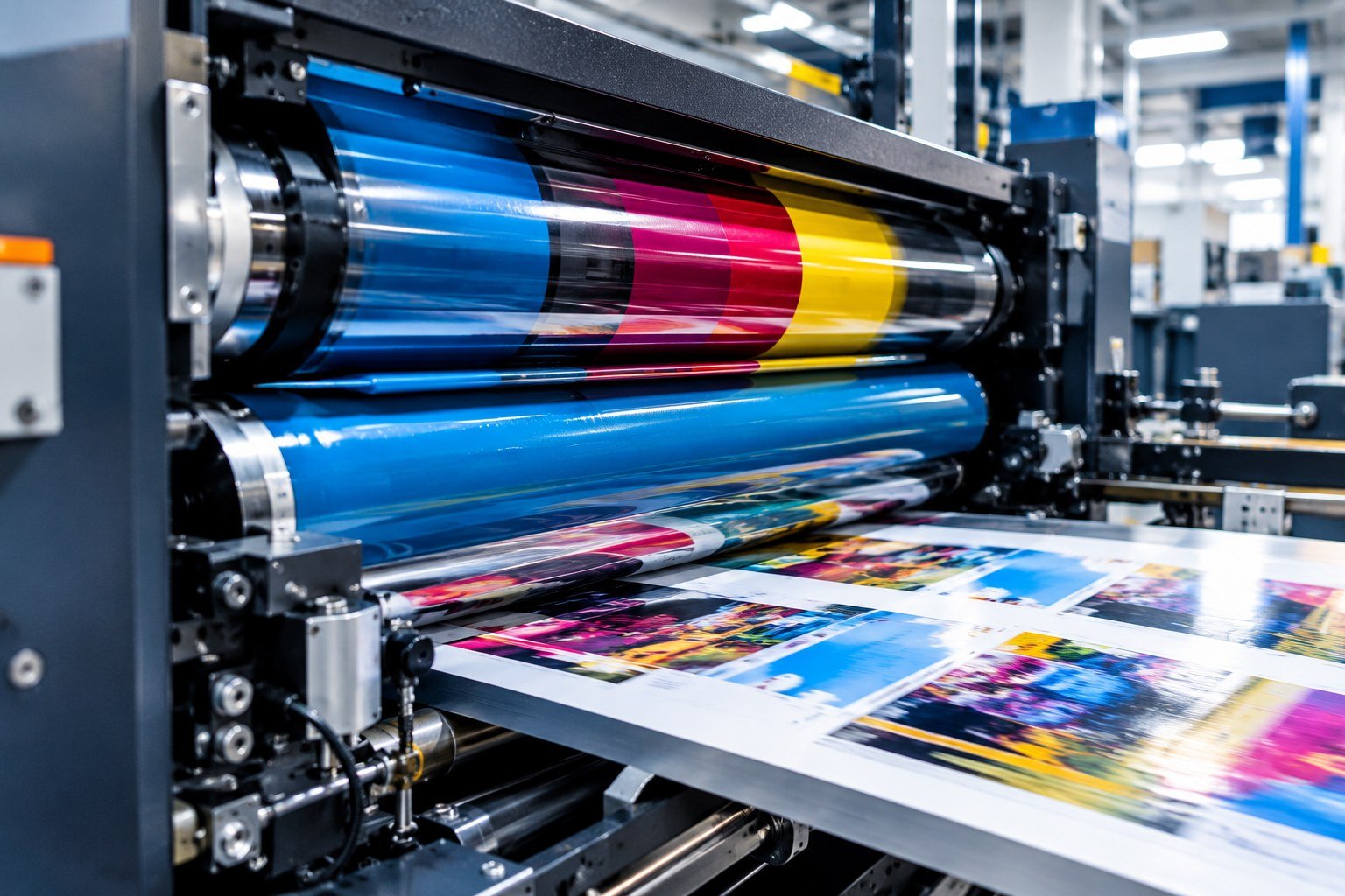 Press cylinders running colour over printed sheets
