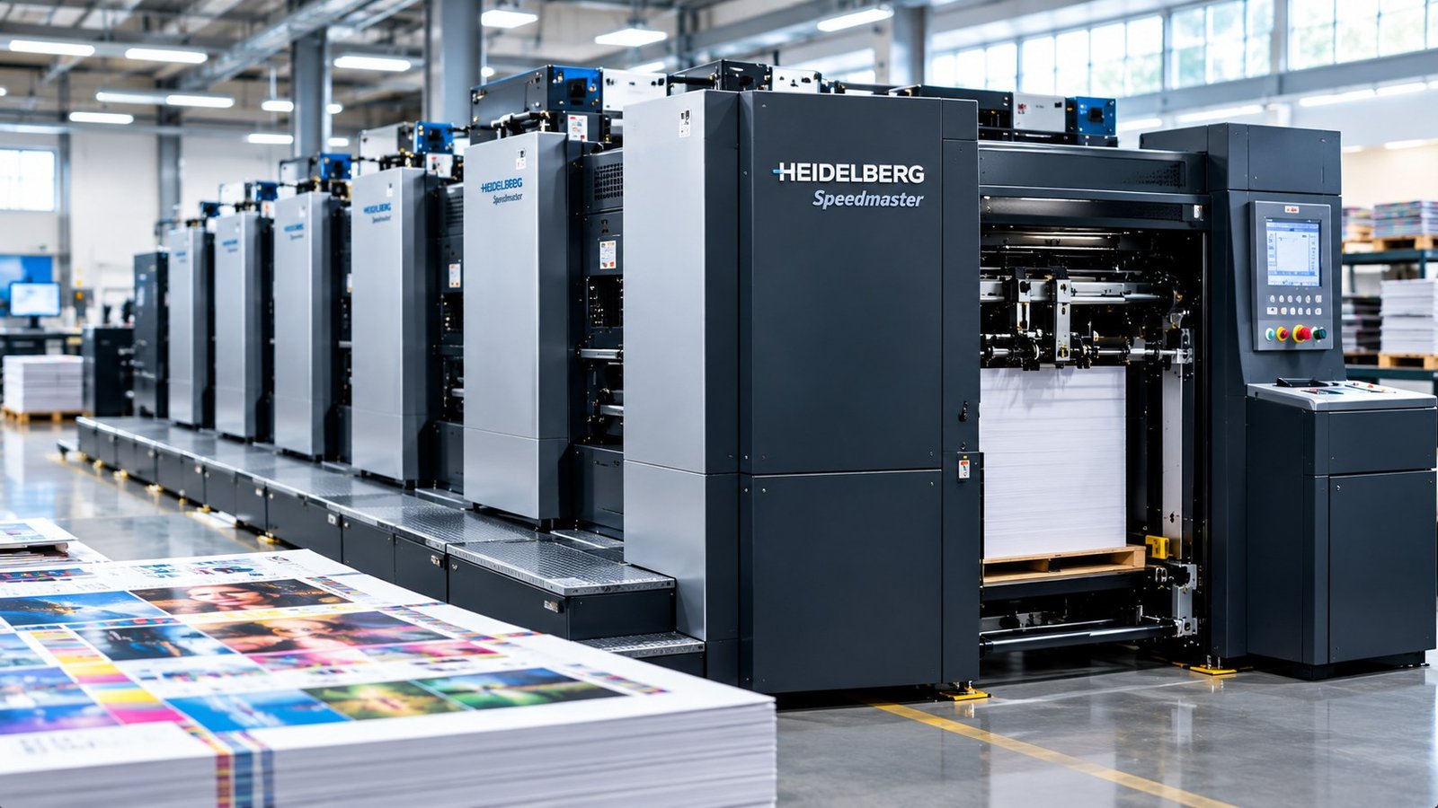 Row of offset printing units with a stack of printed sheets in the foreground