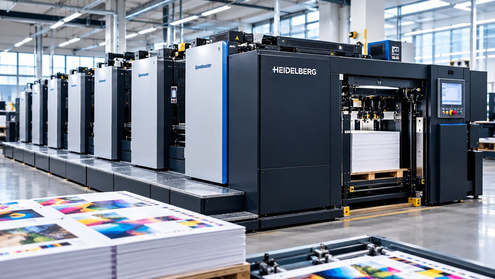 Row of large offset printing units on a clean production floor