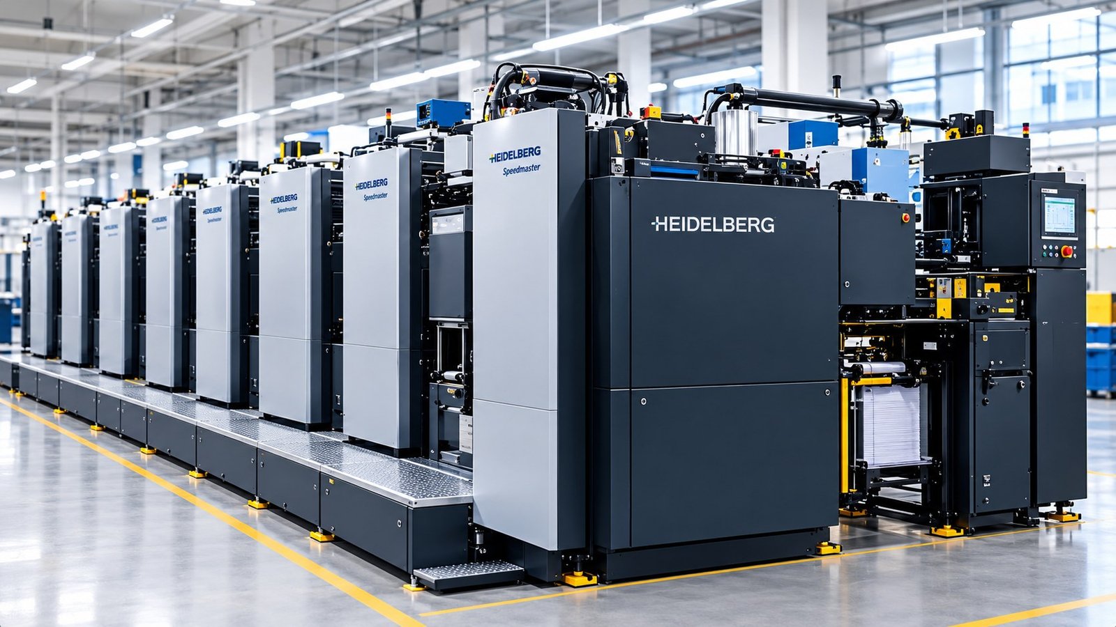 Row of offset printing units on a clean production floor